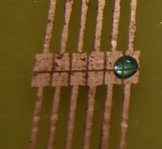 1 microliter droplet on digital microfluidics EWOD device A small droplet of liquid, 0.5 to 1 uL, possibly containing biological reagents, can be moved under electonic control